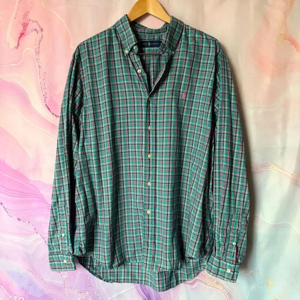 Ralph Lauren XL Green Pink Plaid Long Sleeve Button Down Shirt Sporty Preppy